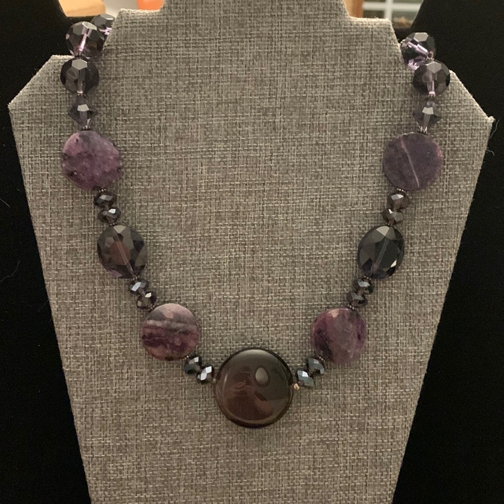 Purple Glass & Natural‎ Stone Beaded Heavy Necklace with a Toggle Clasp 19-1/2”